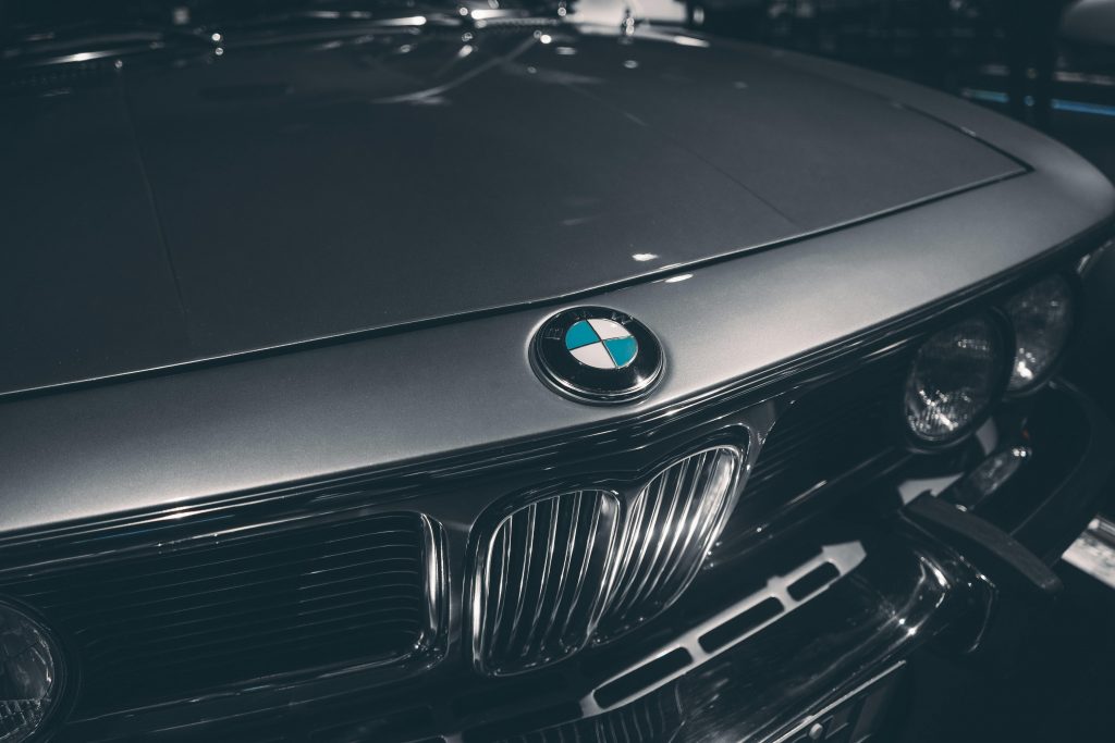 Close-up of the front hood and grille of a classic BMW car