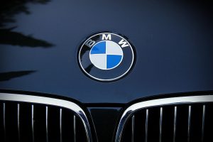 Close-up of BMW logo on the bonnet