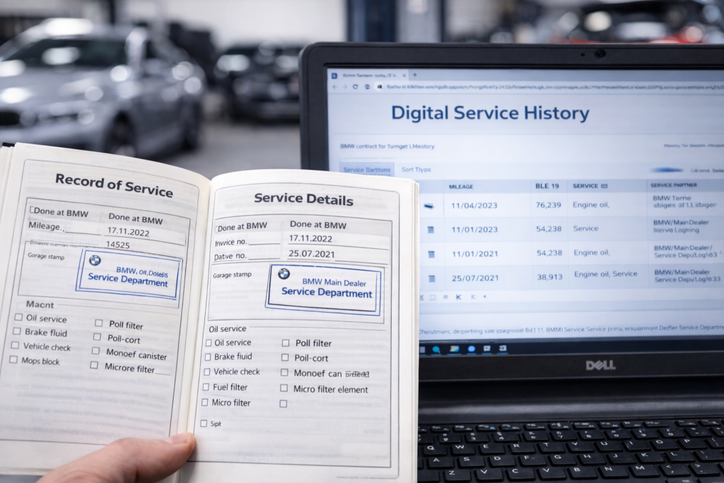 Car service record book with digital service history on laptop screen