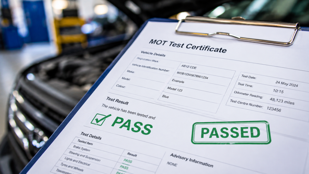 MOT test certificate showing a passed vehicle inspection in a garage