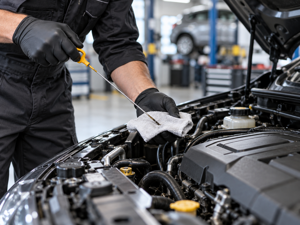 Mechanic checking engine oil levels during a car service in a professional garage